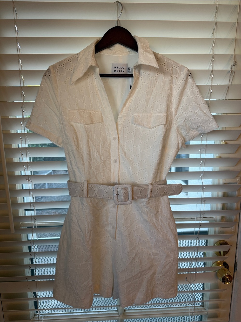 Hello Molly White Eyelet Button-Down Romper with Belt